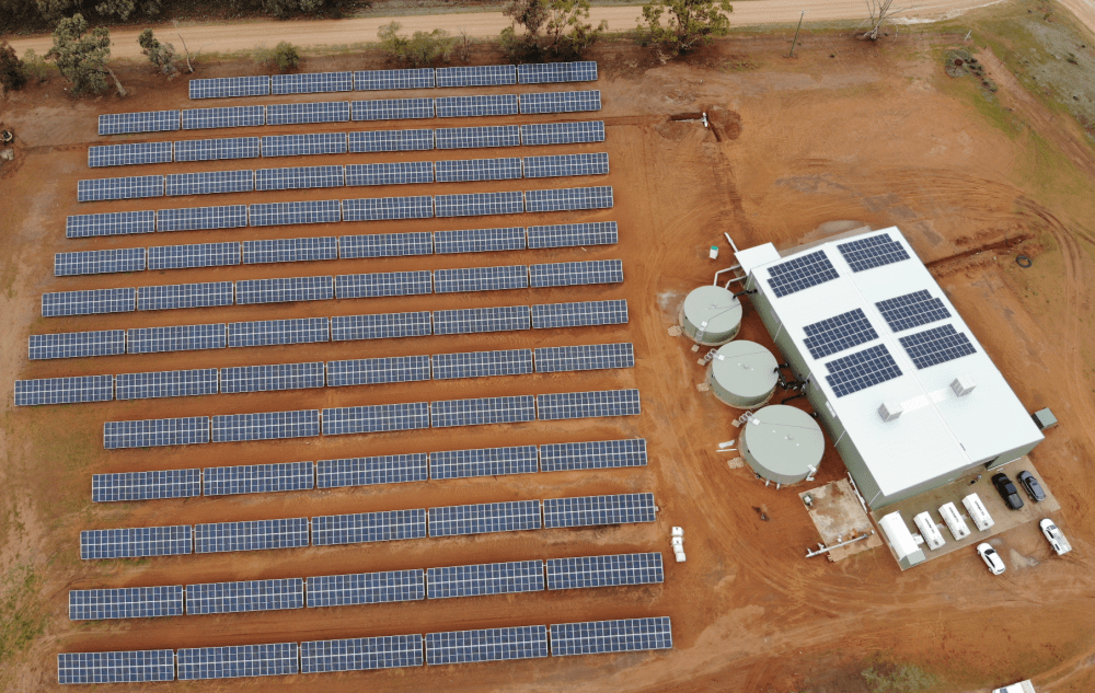 An aerial photograph of solar panels and desalination plant at Andrew Peace Wines